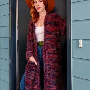 BAND OF THE FREE Sunset Boulevard Eyelash Sweater Fluffy Red & Purple Duster